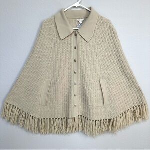 Vintage Lilly of California Cream Knitted Poncho Sweater with Fringe OSFM